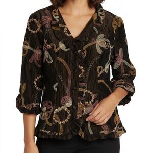 DRESSBARN Collection Embroidered Pattern Blouse, Women’s M, Brown